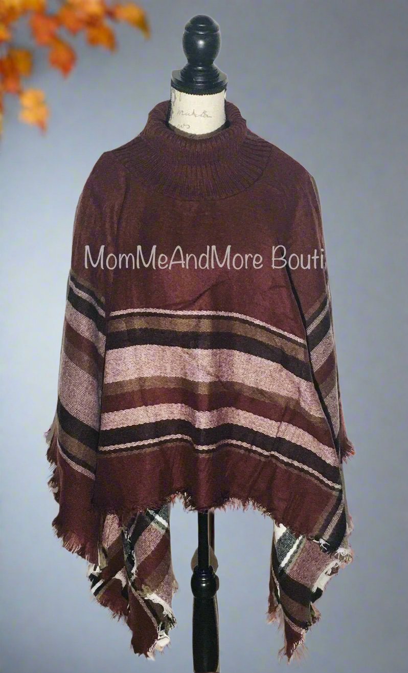 Womens Turtle Neck Plaid Sweater Poncho: Brown/Black/White poncho MomMe and More 