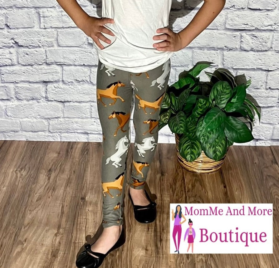 Girls Western Horse Gray Brown Leggings Leggings MomMe and More 