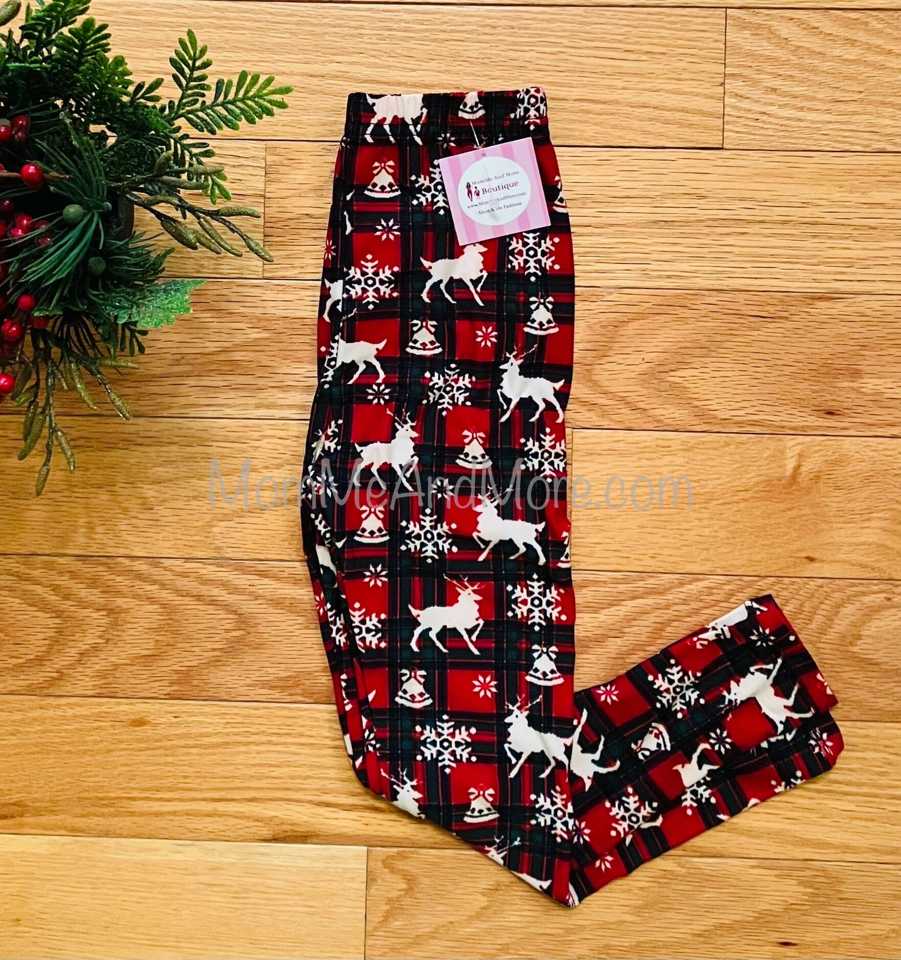 Girls Christmas Leggings, Kids Red Plaid Reindeer Printed Leggings Leggings MomMe and More 