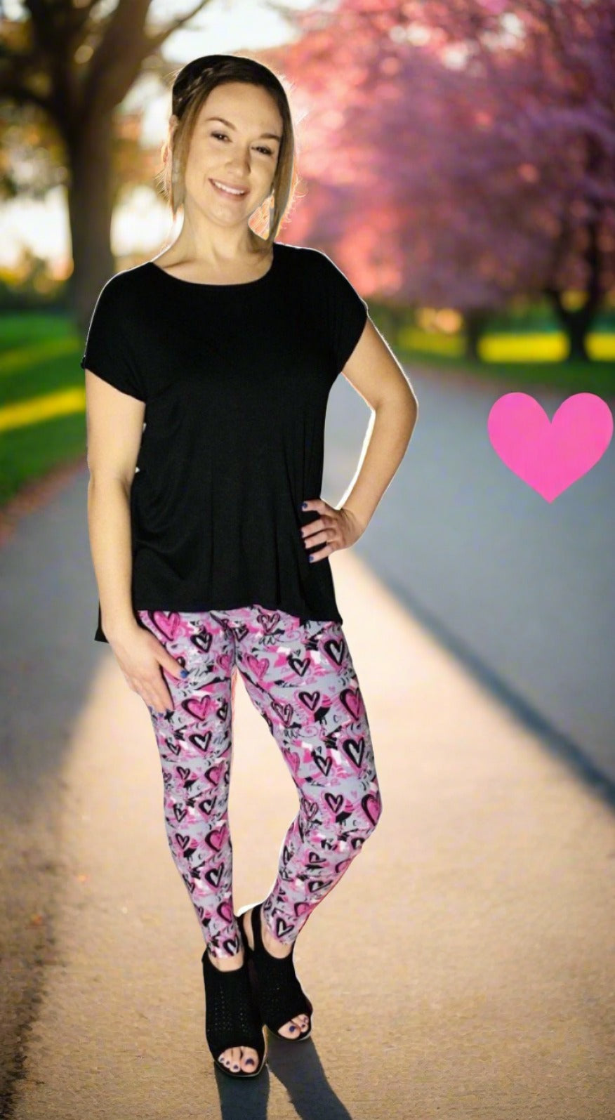 Womens Valentines Day Pink Heart Leggings: Yoga Waist Leggings MomMe and More 