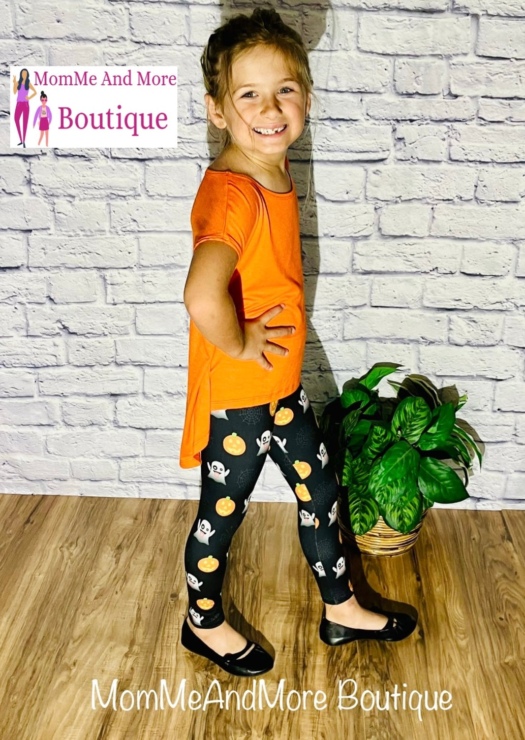 Girls Pumpkin Ghost Halloween Leggings: Yoga Waist Leggings MomMe and More 