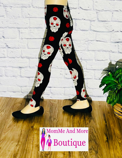 Girls Halloween Leggings Red Rose Skull Print Kids Yoga Pants Leggings MomMe and More 