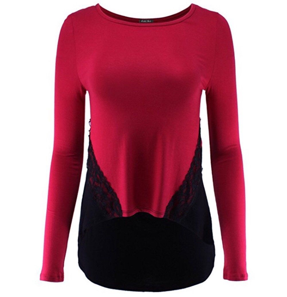 Women's Red Top Long Sleeve Lace Shirt: S/M/L Tops MomMe and More 