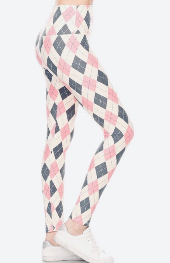 Womens Best Leggings, Pink Gray Argyle Plaid Printed Leggings: Extra Plus Leggings MomMe and More 