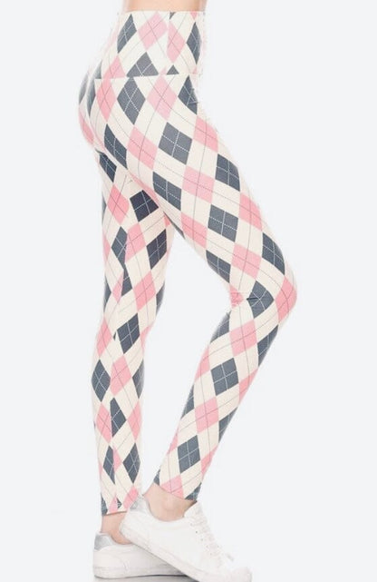 Womens Best Leggings, Pink Gray Argyle Plaid Printed Leggings: Extra Plus Leggings MomMe and More 