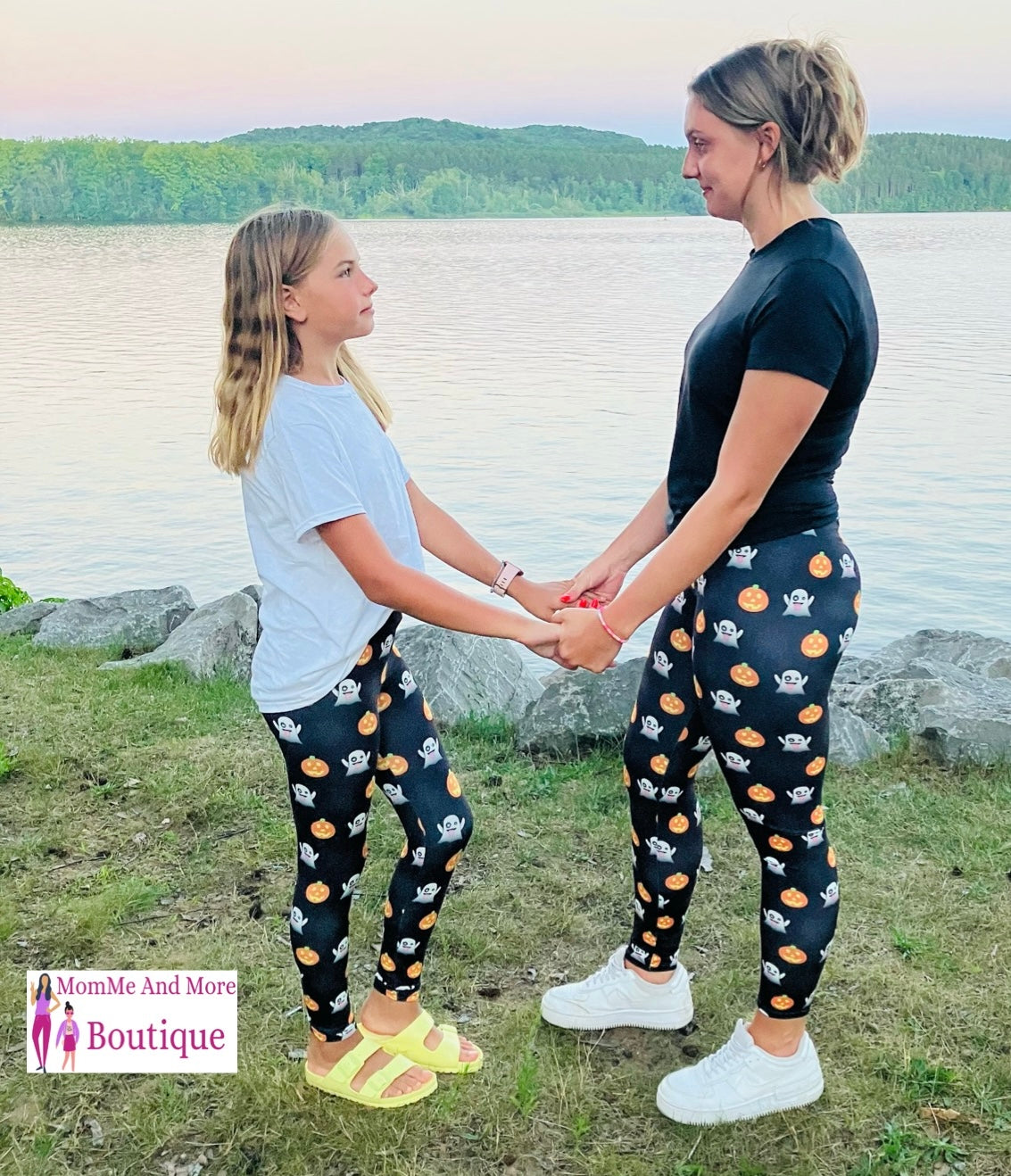 Girls Pumpkin Ghost Halloween Leggings: Yoga Waist Leggings MomMe and More 