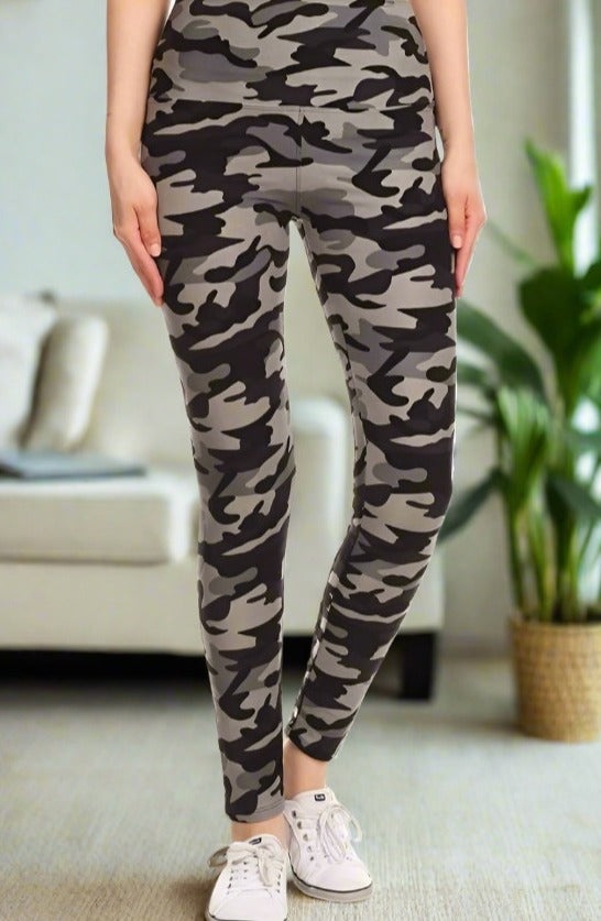 Womens Best Leggings, Gray Camouflage Print Leggings: Yoga Waist Leggings MomMe and More 