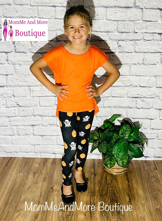Girls Pumpkin Ghost Halloween Leggings: Yoga Waist Leggings MomMe and More 