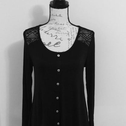 Womens Black Long Sleeve Top Lace Detail Faux Buttons MomMeAndMore
