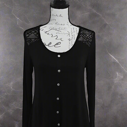 Womens Black Long Sleeve Top Lace Detail Faux Buttons MomMeAndMore