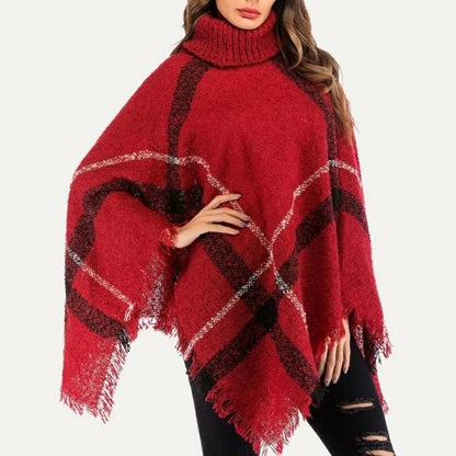 Womens Turtle Neck Fringed Plaid Poncho: Red/Black/White poncho MomMe and More 
