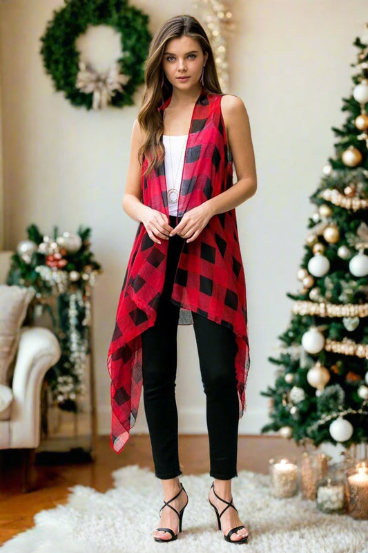 Womens Red Black Buffalo Plaid Cardigan Kimono Vest Cardigan MomMe and More 