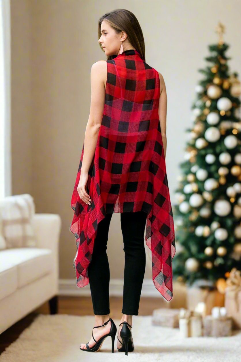 Womens Red Black Buffalo Plaid Cardigan Kimono Vest Cardigan MomMe and More 