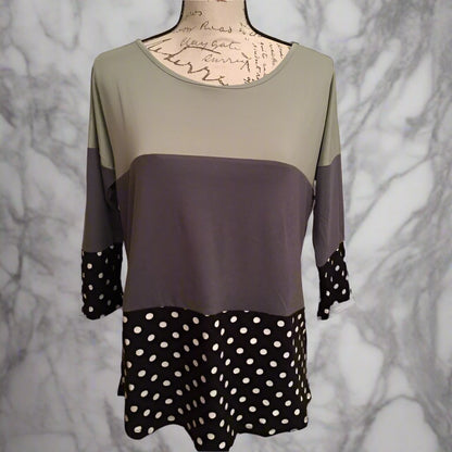 Womens Best Color Block Top, 3/4 Sleeve Stripes/Dots Shirt: Green/Gray/Black Tops MomMe and More 