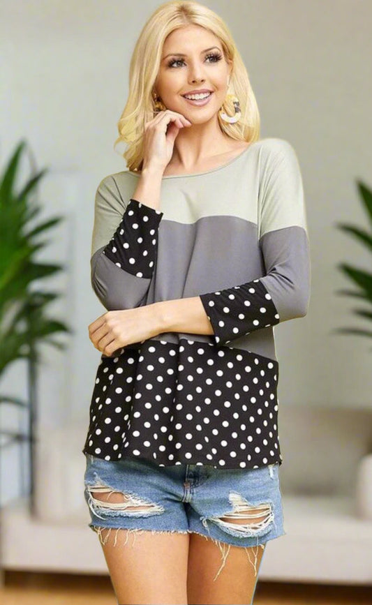 Women's Tri-Color Block Top Green/Gray/Black: S/M/L/XL Tops MomMe and More 