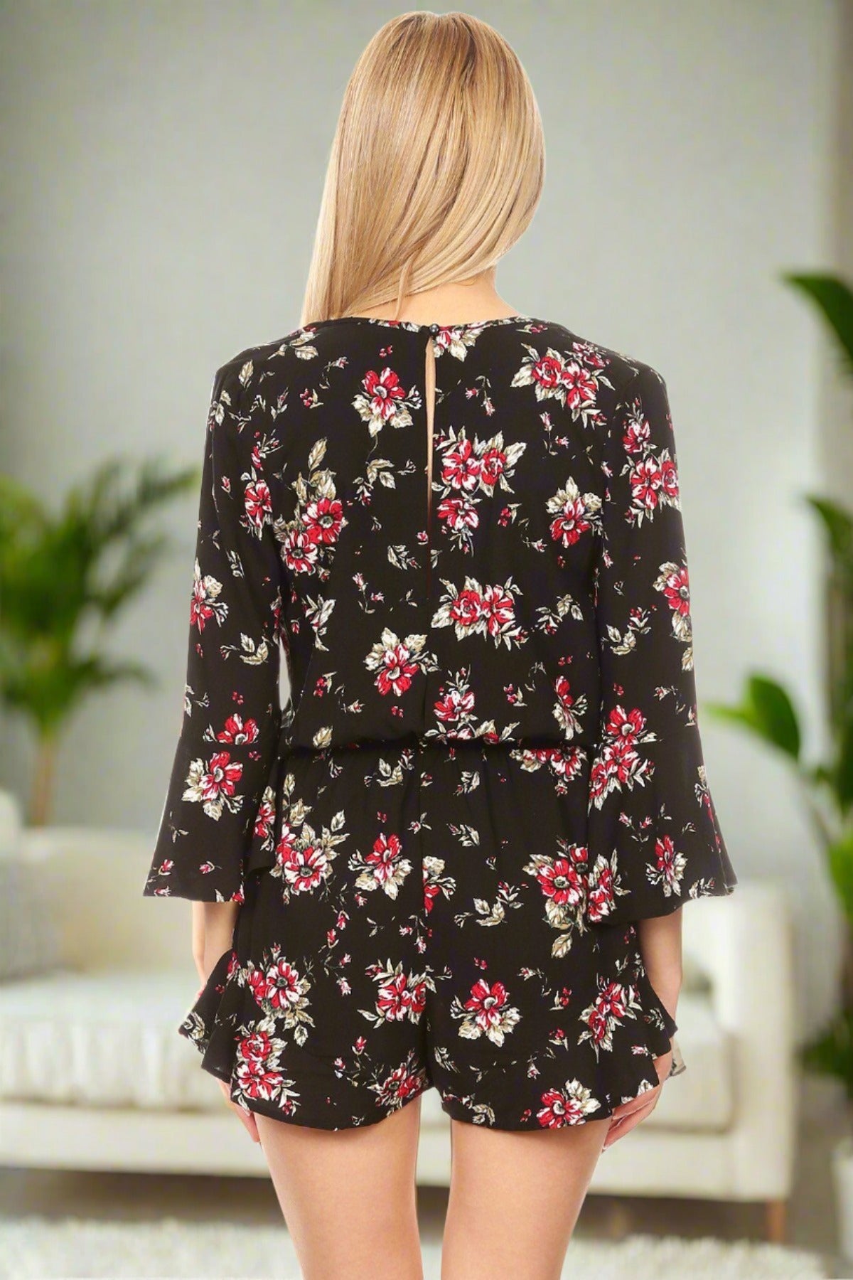 Women/Juniors 3/4 Bell Sleeve Floral Romper Shorts Jumpsuit: S/M/L romper MomMe and More 