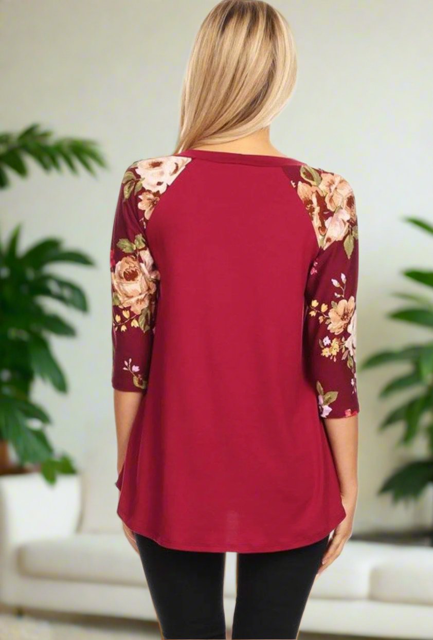 Women's Maroon Raglan Tunic Top Floral Shirt: S/M/L Tunics MomMe and More 