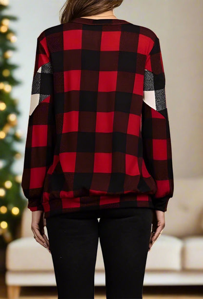 Womens Red Plaid Christmas Sweater, Buffalo Plaid Long Sleeve Holiday Printed Top Tops MomMe and More 