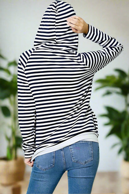 Womens Side Zip Double Hooded Sweatshirt: Black/White Tops MomMe and More 
