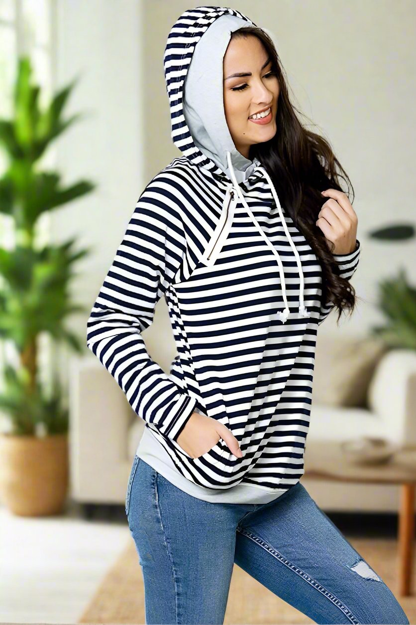 Womens Side Zip Double Hooded Sweatshirt: Black/White Tops MomMe and More 
