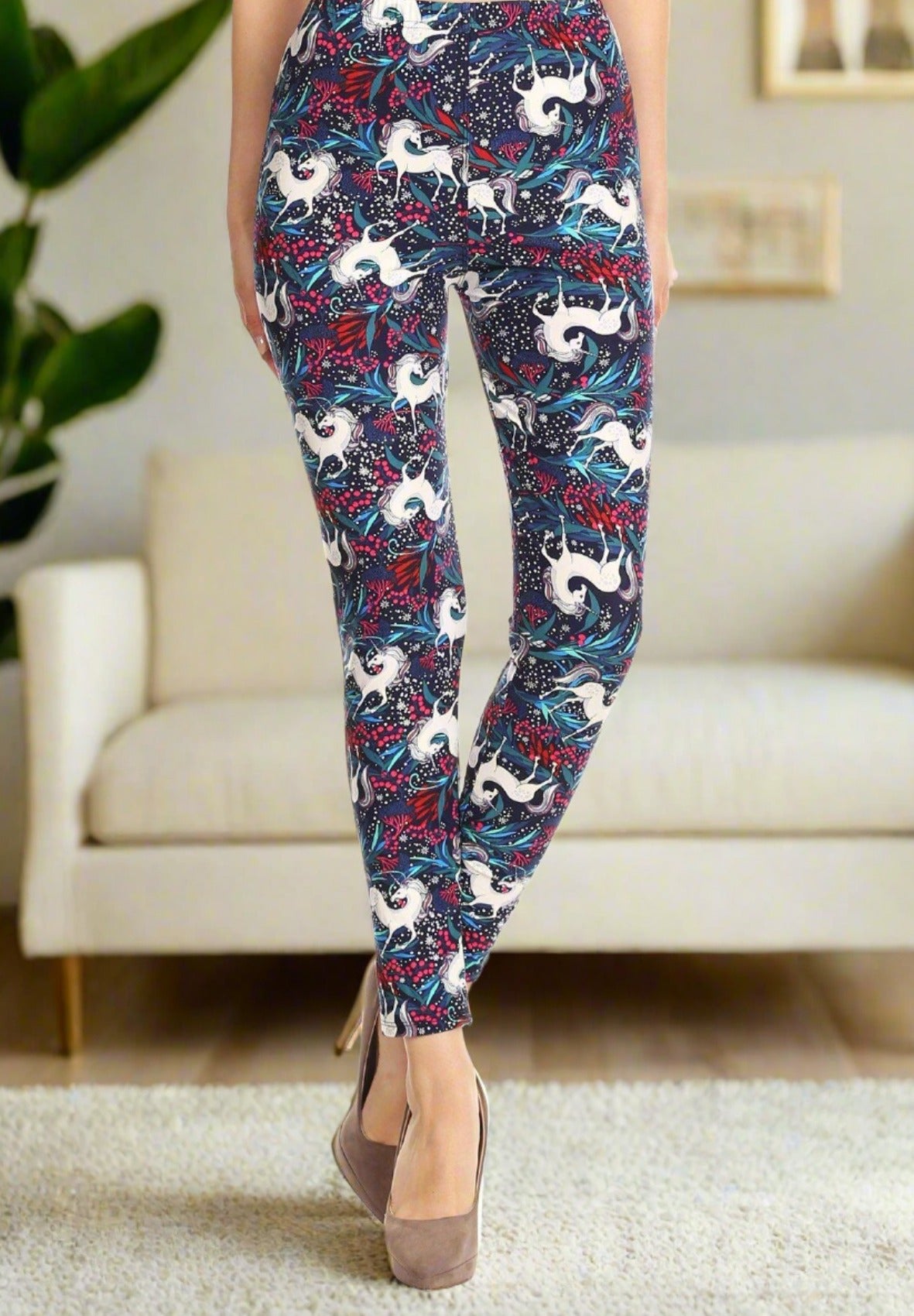 Women's Unicorn Printed Leggings Blue: OS and Plus Leggings MomMe and More 